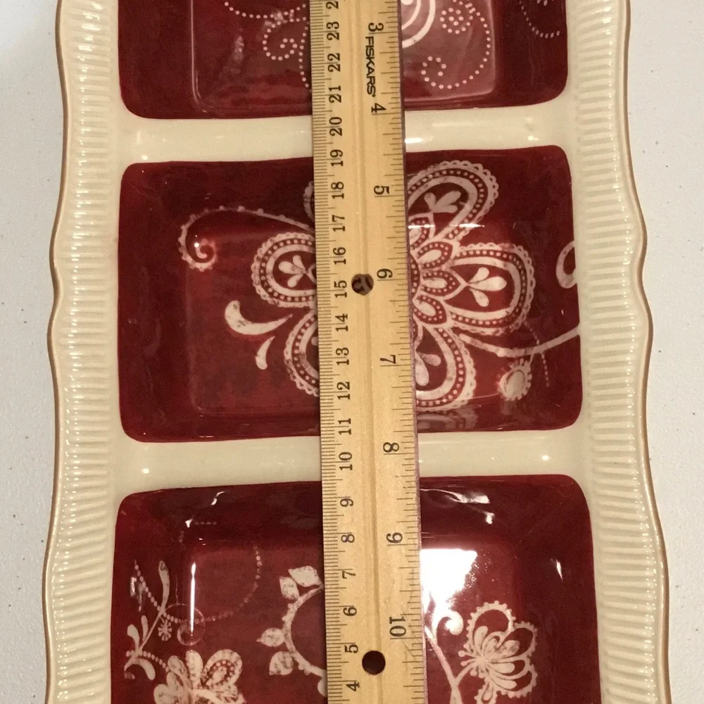 Pier 1 Red and Cream Ceramic Divided Tray with Floral Motif